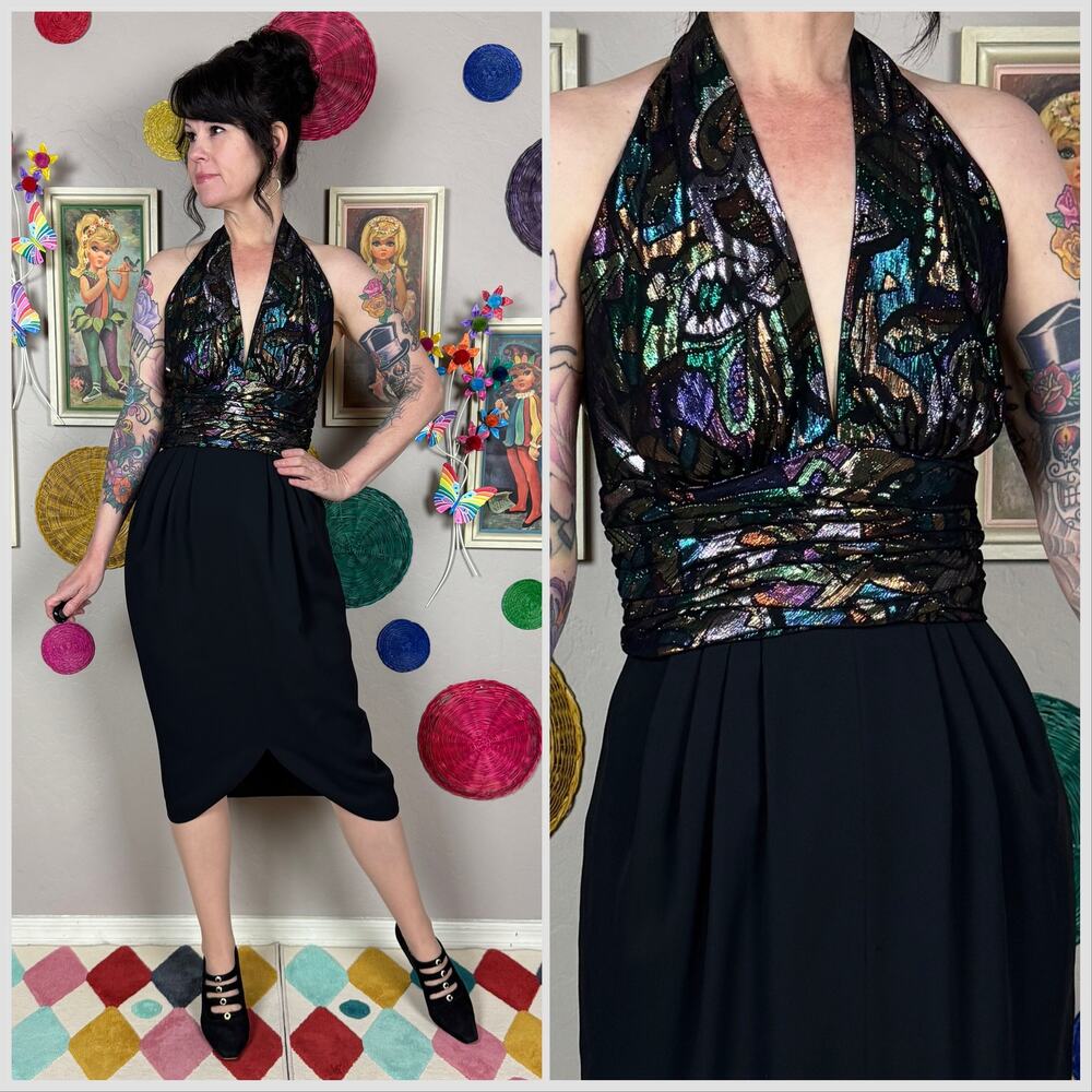 Vintage 1980s Black Lurex Halter Neck Tulip Cocktail Dress